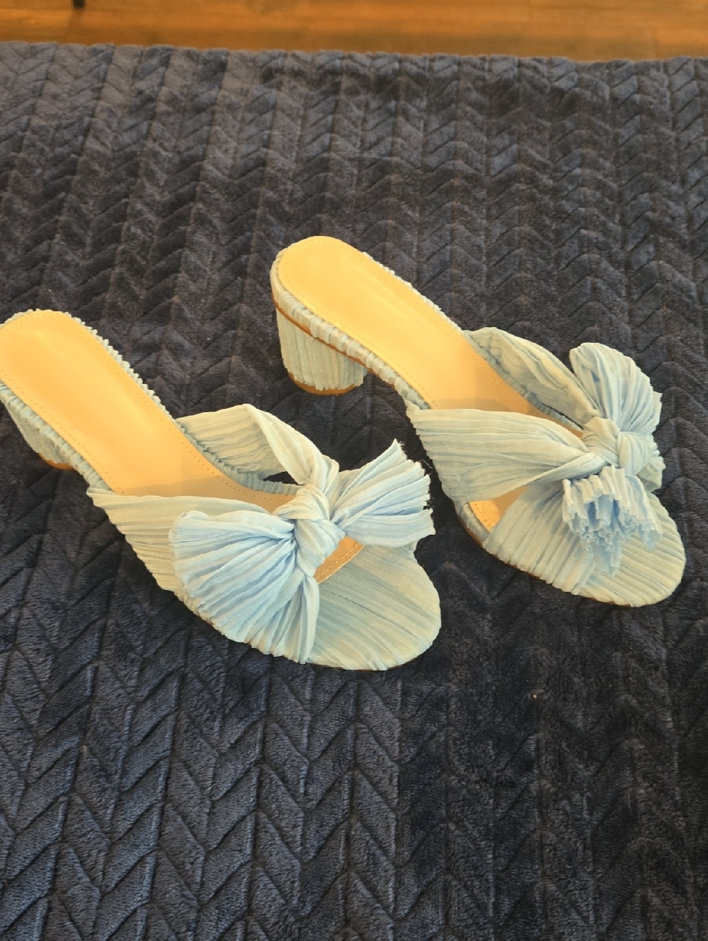 Pleated Knot-Front Light Blue Mid-Heel Mules